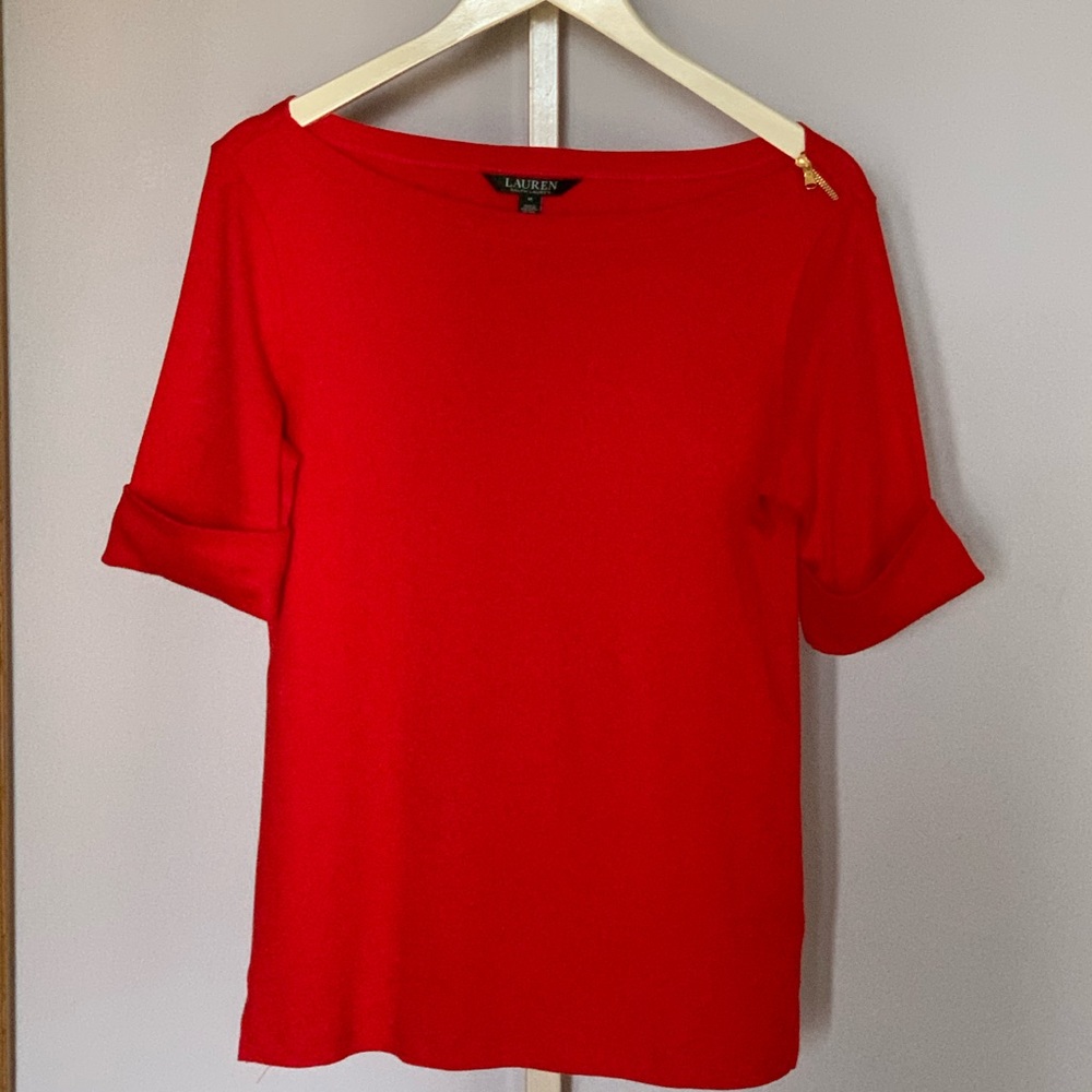 LAUREN RALPH LAUREN Boatneck 3/4 Sleeve Red Top